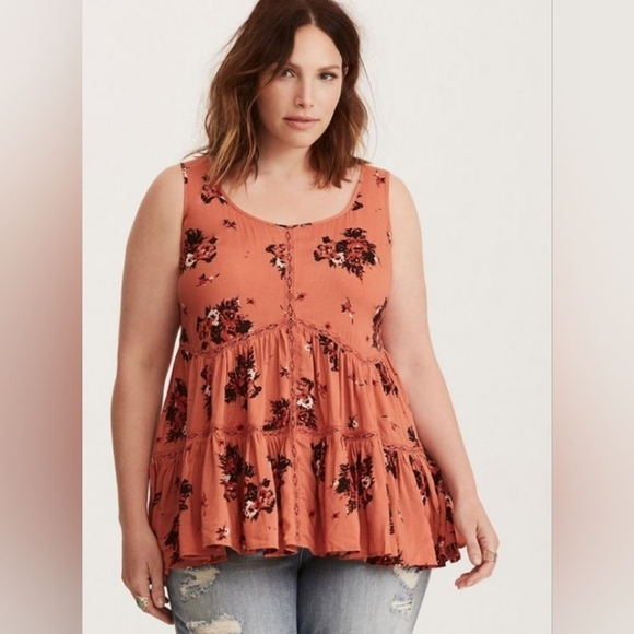 torrid Tops - Torrid Floral Print Challis Lace Inset Tank Top. Size 1